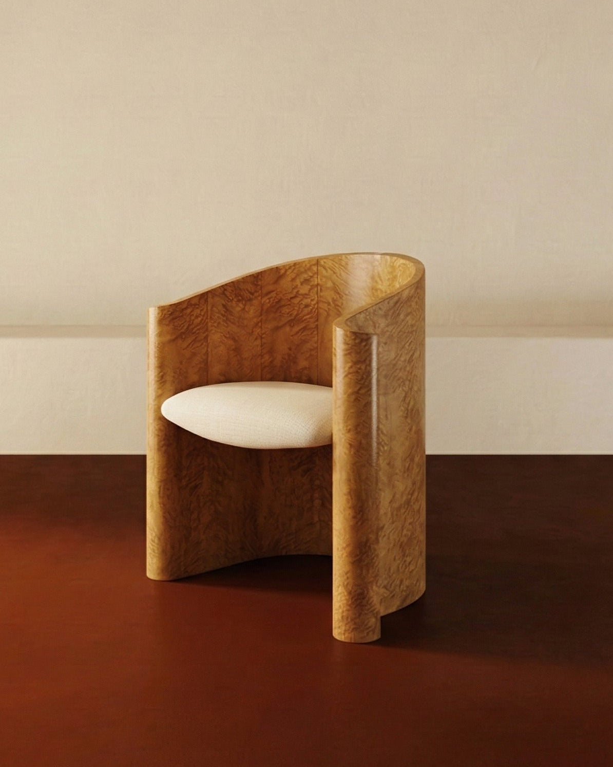 Wooden chair with a white cushion on a brown floor and beige wall