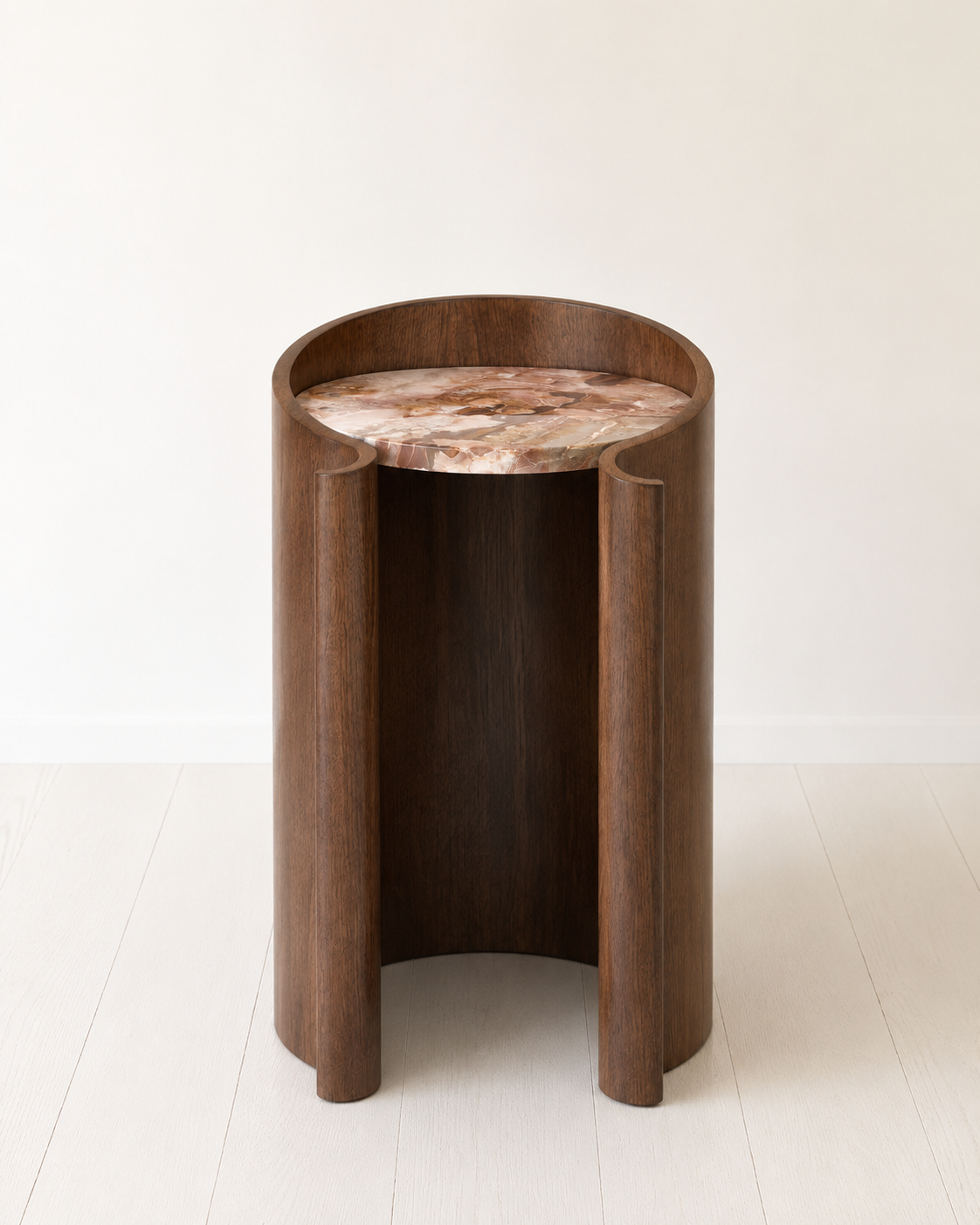 curved wood veneer side table in walnut with a marble top