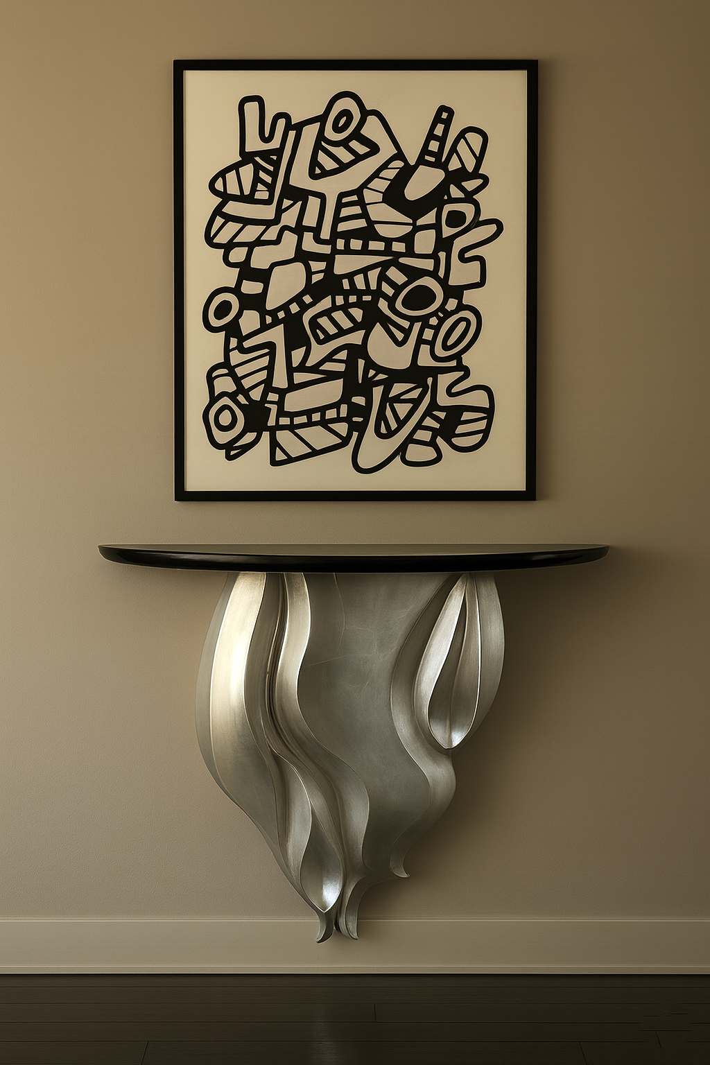 Abstract artwork on a wall with a decorative silver shelf below.